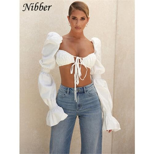Nibber French Romantic Elegant Crop Tops For Women Sweet T-shirts Summer Street Casual Wear Female White Full Sleeve Tee 2021Top