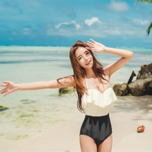2021 South Koreas New Sling Adjustable V-Neck Low-Cut One-Piece Color Matching Swimsuit Ruffled Slim Body Backless Sexy Bikini