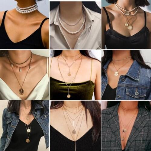 New Arrival Bohemia Multi-layer Coin Pendant Necklaces Summer Beach Pearl Pendant Chain Choker Necklace Women Jewelry Wholesale