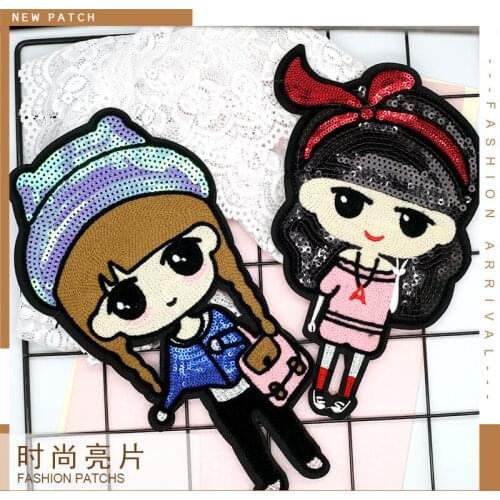 Sequins Embroidery Girls Patches on Clothes Large Cute Down Jacket Patch Childrens Cartoon Applique Ripped Clothes Patch Big