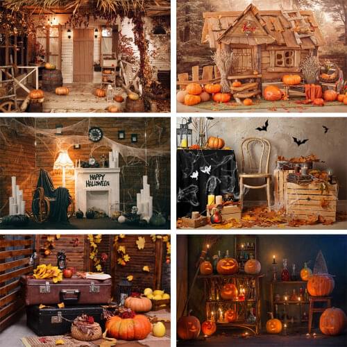 Autumn Harvest Pumpkin Background Maple Leaf Spider Web Decor Happy Halloween Photography Backdrop Child Portrait Photo Studio