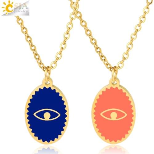 CSJA Oval Stainless Steel Necklace for Women Gold Color Enamel Evil Eye Pendant Thin Chain Chaine Collier Acier Inoxidable S770