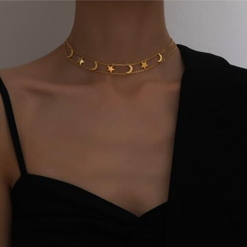 Stainless steel Gold Color Star Moon Party Womens Pendant Necklace Fashion Female Choker Necklaces Jewelry Simple jewelry