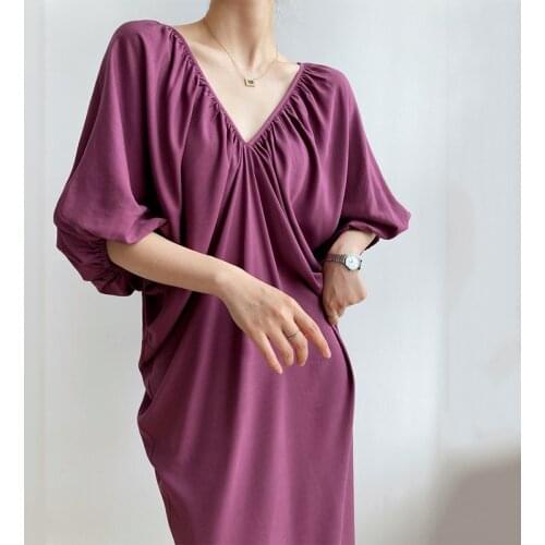 New Arrival High Quality Women Mid Length Dress Sexy Double V Neck Loose Dress Puff Sleeve Elegant Purple Dresses Casual Clothes