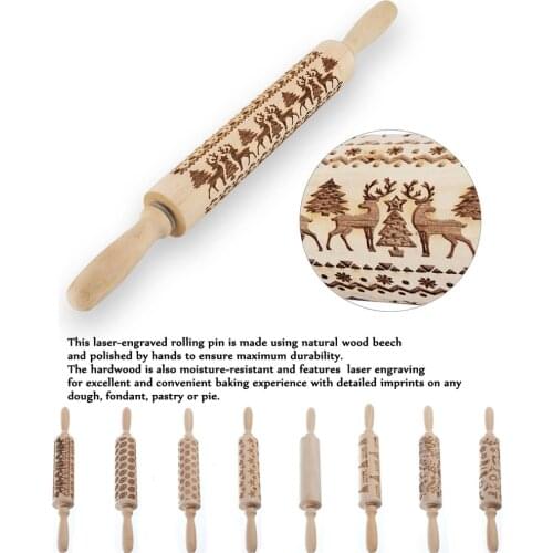 Christmas Embossing Rolling Pin Baking Cookies Noodle Biscuit Fondant Cake Dough Engraved Roller Reindeer Snowflake