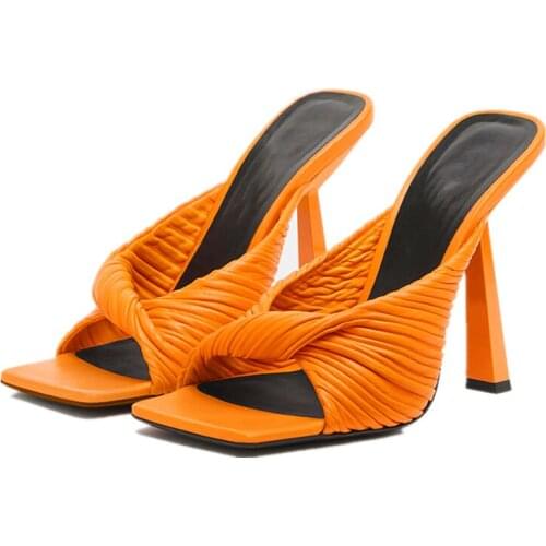 Thin High Heels Slippers For Outside Womens Spiral Pattern Bowknot Custom Made Large Size Orange Open Toe Ladies Sandals