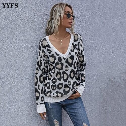 Fashion Leopard Womens Sweaters Autumn Winter New V-neck Pullover Sweater Trui Long Sleeve Loose Tops Woman Sweaters Pull Femme