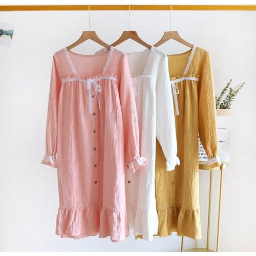 Spring/summer Women Nightdress Pure Cotton Crepe Long Sleeve Solid Color Ladies Night Skirt Loose Thin Comfy Home Lounge Skirt