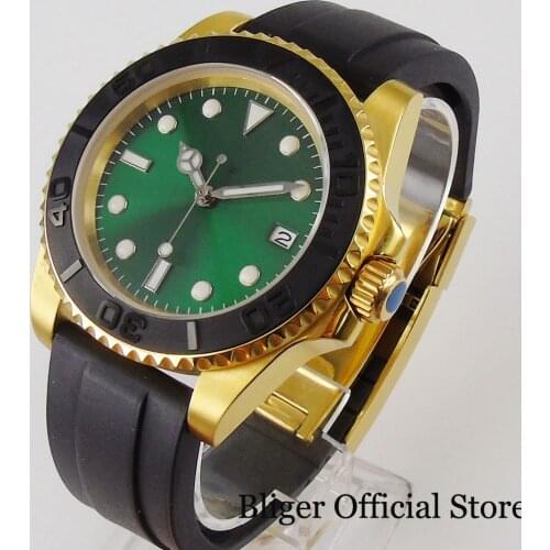 Luxury Yellow Gold Mechanical Automatic Men Wristwatch Green Sunburst Sterile Dial Rubber Strap 24 Jewels NH35 MIYOTA 8215 Date