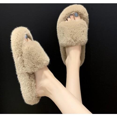 Indoor Women Fur Slippers Fluffy Soft Furry Slides Thick Flats Heel Non Slip House Shoes Ladies Open Toe slippers Footwear