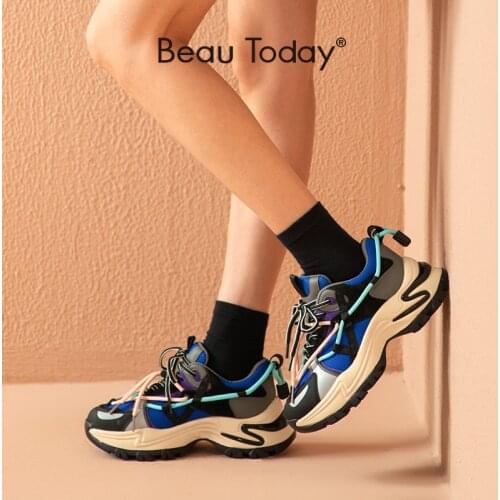 BeauToday Chunky Sneakers Women Synthetic Leather Cow Suede Patchwork Mesh Cyberpunk Style Cross-Tied Ladies Trainers 29423