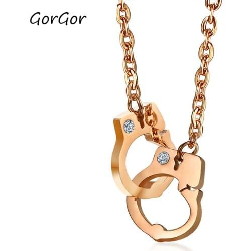 GorGor New Arrivial Titanium Steel Inlaid Rhinestone Handcuffs Necklace Rose Gold Jewelry for Women Tourism Memorial NC-345