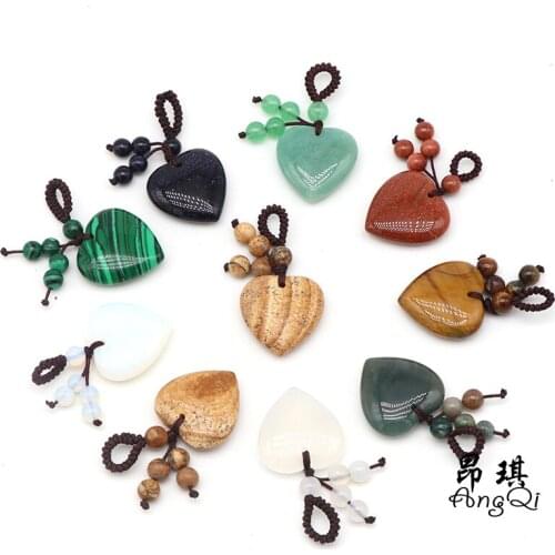 25mm Natural Tigers Eye Amethysts Agates Lapis Lazuli Gem Stone Love Heart Bead Reiki Chakra Healing Pendant Necklace Keychain