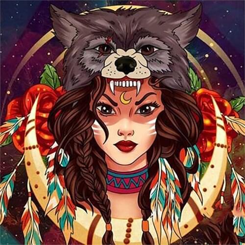 5D DIY Feather Wolf Girl Beauty Diamond Painting Full Drill Embroidery Cross Stitch Mosaic Crafts Home Decor Christmas Gift