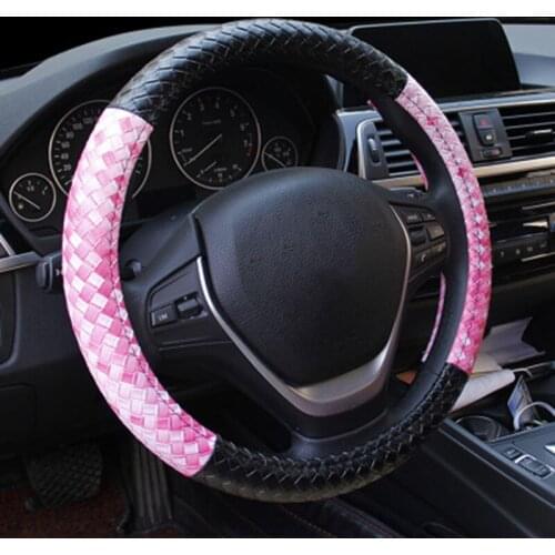 Car Braid Steering Wheel Cover Leather Weaving Auto Steering Covers Two Color Black Pink Steering Wheel Hub Cases For BMW Ford