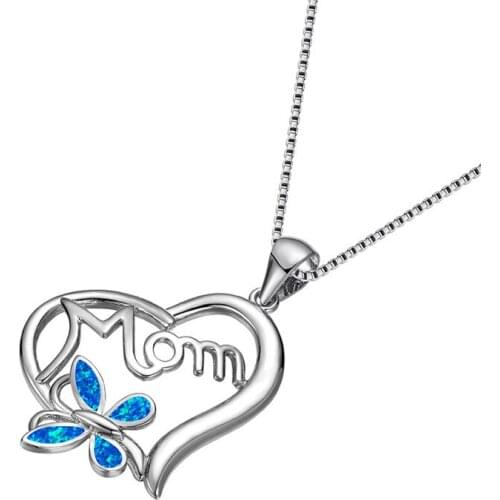 Rose Gold Silver Color Chain Necklace Blue White Opal Butterfly Pendant Mom Necklaces For Women Heart Necklace Mothers Day Gift