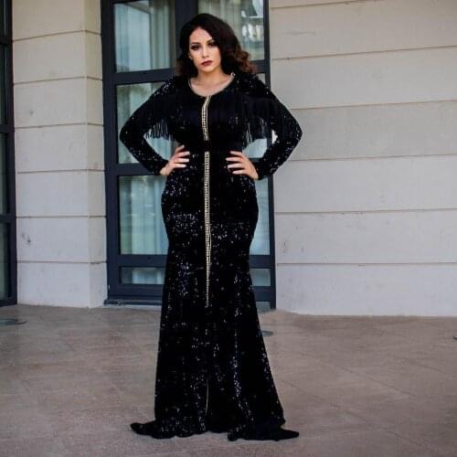 Black Elegant Moroccan Caftan Evening Dress Floor Length Summer Dress Tassel Mermaid Saudi Arabia Dubai Prom Dress Custom Made