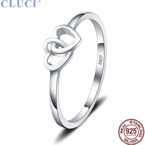 CLUCI Silver 925 Romantic Double Heart Anniversary Ring Simple Design Women Engagement Ring Gift Jewelry DR1004SB