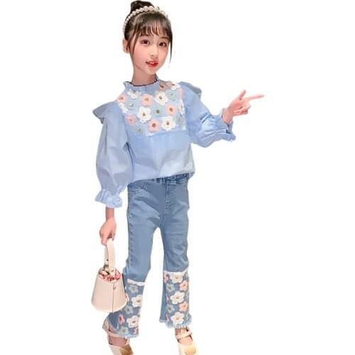 Kids Clothes Lace Floral Clothes For Girls Sweatshirt + Jeans Girls Clothes Spring Autumn Childrens Clothes 6 8 10 12 14