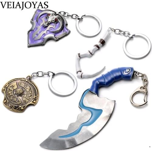 Dota2 Theme Game Keychain Hook Jump Dagger Champion Shield Weapon Model Dota Logo Alloy Key Rings Holder for Men Fashion Jewelry