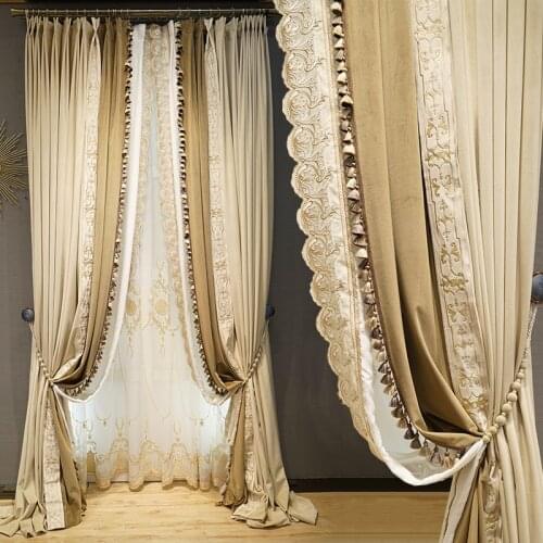 European top grade light brown flannel curtain luxurious living room beige embroidered villa bedroom shade customization
