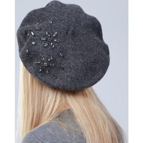 Geebro Womens Cashmere Beret Hat New Winter Floral Rhinestone Knitted French Artist Cap Femme Plain Black Wool