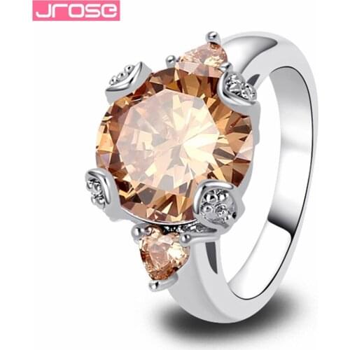 JROSE Wholesale Fashion Jewelry Round Cut Morganite Silver Color Champagne Ring Size 6 7 8 9 10 11 Wedding Gift Free Shipping