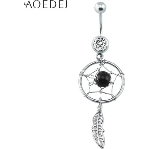 Dream Catcher Dangle Belly Ring With Black Ball Long Barbell Belly Button Rings For Women Stainless Steel Charm Piercing Bijoux