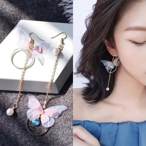 Korean Cute Butterfly Bow Pearl Metal Hoop Chain Asymmetrical Pendant Drop Earrings for Women Girls Teens 2021 Trend New Arrival