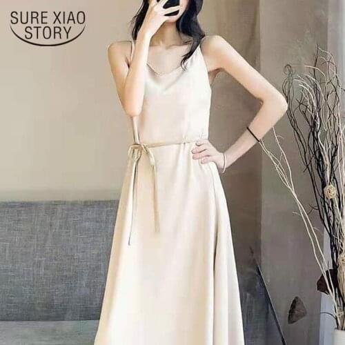 Summer Sleeveless Sexy Party Dresses 2021 New Korean Satin Dress for Women Plus Size Solid O Neck Long Dress Sukienki 14496