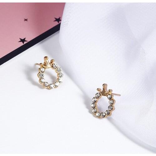Fashion Round Rhinestone Shiny Crown Stud Earrings Rhinestone Golden Crown Earrings Party Wedding Jewelry Gift