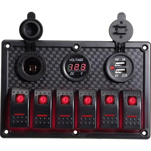 Car Marine Boat Truck Circuit 12V 24V 6-Gang Switch Control Panel Red LED Rocker Breaker IP67 Waterproof Switch Panel