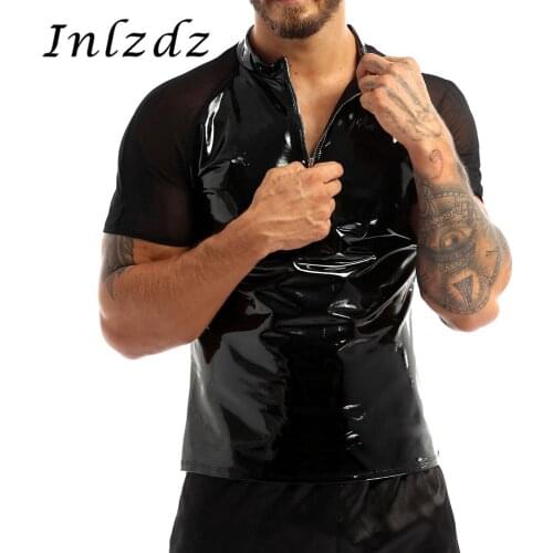 Mens T-Shirts Tops Wet Look Patent Leather Costume Round Neck Sheer Mesh Bar Costumes Half Front Zipper T-Shirts Tops Clubwear