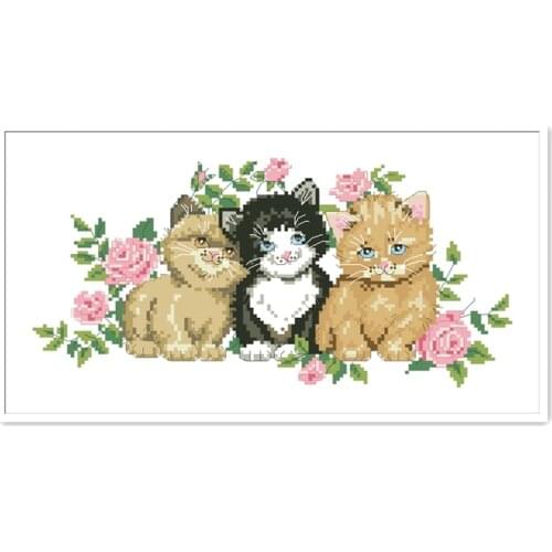 Kitties and roses cross stitch kit animal cat 18ct 14ct 11ct white fabric cotton thread embroidery DIY handmade needlework