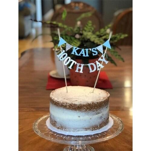 New Blue Silver Theme Cake topper Personalized Name 100TH DAY Cake Topper Banner Custom Baby 100days Party Cake Decorations