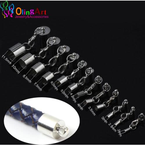 OlingArt 2 3 4 5 6 7 8 9 11mm necklace tassel round leather cord crimps end caps lobster clasp Fastener 12pcs DIY jewelry making
