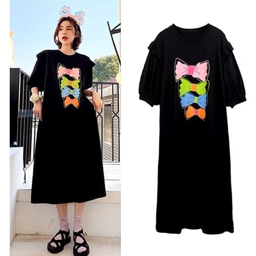Dress 3D Printing Girl Street Colorful Bows Fashion Trend Loose Short Lantern Sleeve Long TeesDress Casual Womens Dress SY160