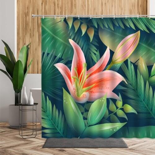 Green Plant Flower Shower Curtain Pink Lily Leaf Bathroom Decoration Waterproof Bath Curtains Screen Polyester Fabric With Hooks
