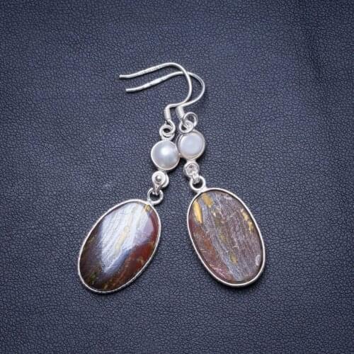 Natural Iron Tiger Eye and River Pearl Handmade Unique 925 Sterling Silver Earrings 2.25" X4792