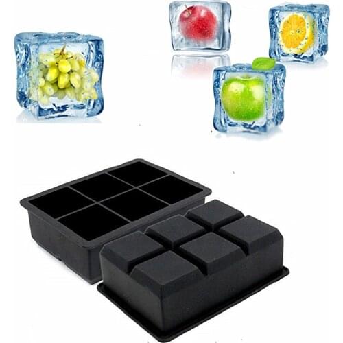 Large Size Silicone Ice Cube Tray Jelly Mould Square Mold Kitchen Black 6 Grids Ice Cube Mold Fruit Ice Cream Whiskey Beverages