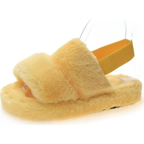 Winter Back Strap Women Home Slippers Rabbit Fur Warm Shoes Woman Slip On Flats Slides Cute Plush Fluffy Lady Cotton Slippers