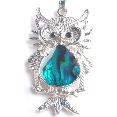 WOJIAER New Zelanian Abalone Shell Pearl Blue Gem Bead Owl Pendant Jewelry PN764