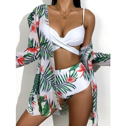 ZAFILLE High Waisted Swimsuit 3 Piece Bikini Set Women Swimwear 2021 Swimsuit Push Up Tropical Cover Up Beachwear