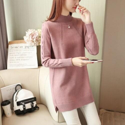 Ladies Solid Color Mid-length Loose Turtleneck Long Sleeve Pullover Female Casual Base Sweater Autumn Winter Long Sleeve Thicken
