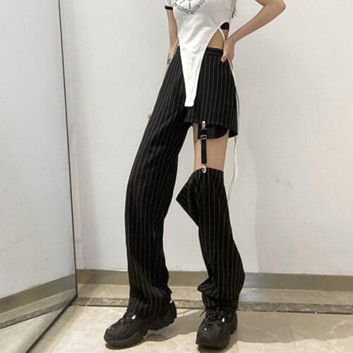 Grunge Punk Hollow Out Women Pants Solid Black Alt Clothes Streetwear High Wasit Bottom Summer Gothic Striped Print Trousers
