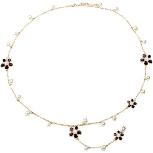 New Design Women Fashion Flower Simple Pearl Fringe Necklace Wild Long Sweater Chain Jewelry Christmas Gift Delicate