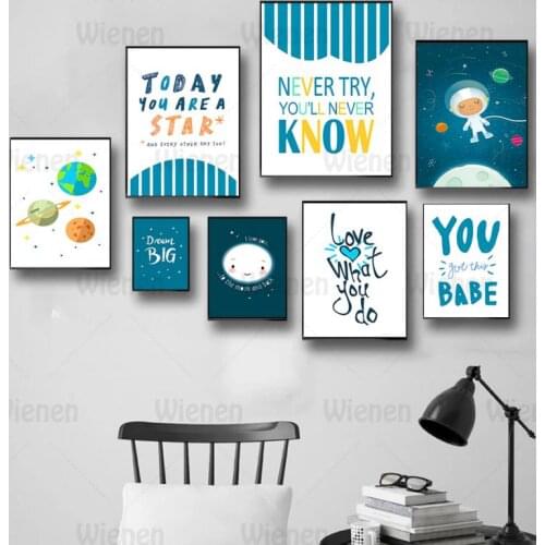 Cartoon Canvas Painting Astronaut Space Rocket Planet Moon Picture Nordic Wall Poster Modern Baby Boy Kids Room Decor Home Decor