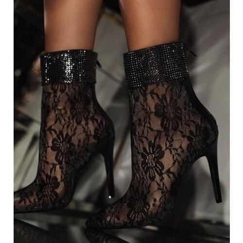 Winter lace high-heeled boots stiletto plus velvet womens shoes hollow boots winter boots childrens ankle boots women