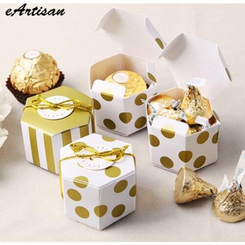 10pcs Mini Stripe Dots Golden Bronzing Color Hexagon Wedding Chocolate Box Candy Box Baking Package Wedding Party Decorations