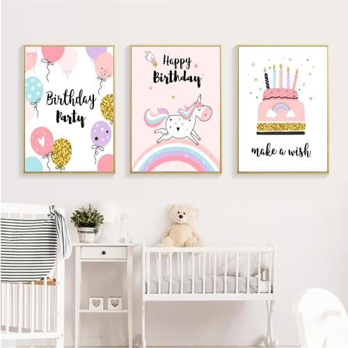 Abstract Unicorn Rainbow Wall Art Poster Flower Balloon Cake Art Print Happy Birthday Quotes Canvas Painting Baby Kid Room Decor